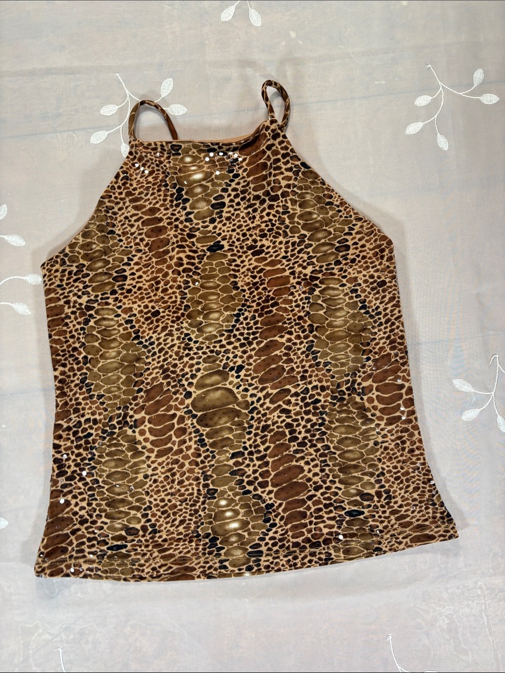 VTG Y2K VENUS Brown Animal-Print Snake Halter Cami Sequin Woman Top Small